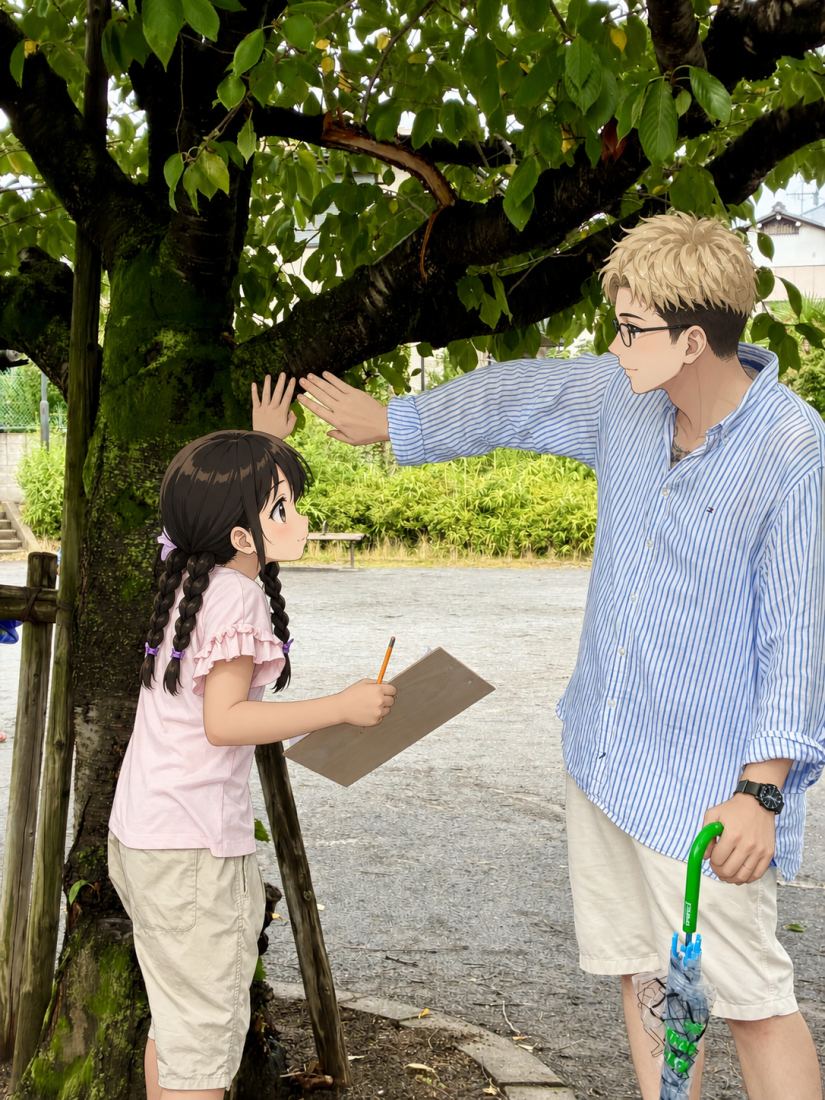 木を観察する生徒たち