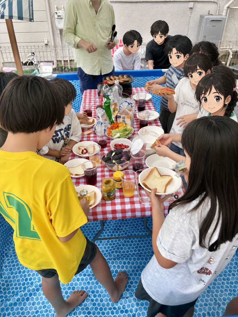 屋外でBBQを楽しむ生徒たち