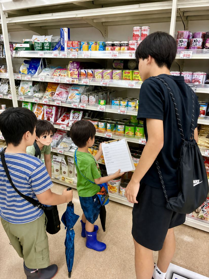 買い物リストをチェックする生徒たち